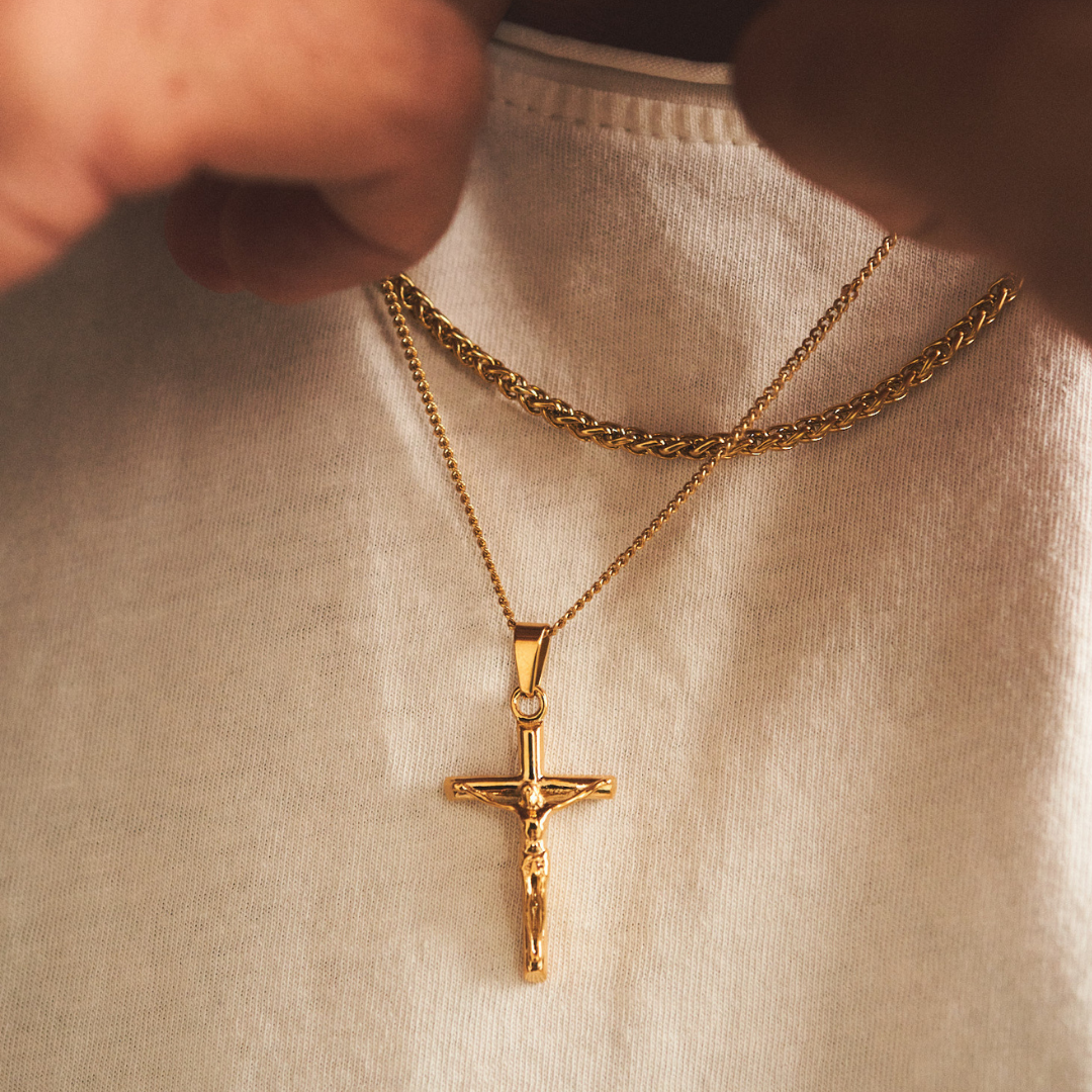 Gold Crucifix Pendant Set | Men | Stainless Steel | Religious Design | Necklace Set | Steven & Levon