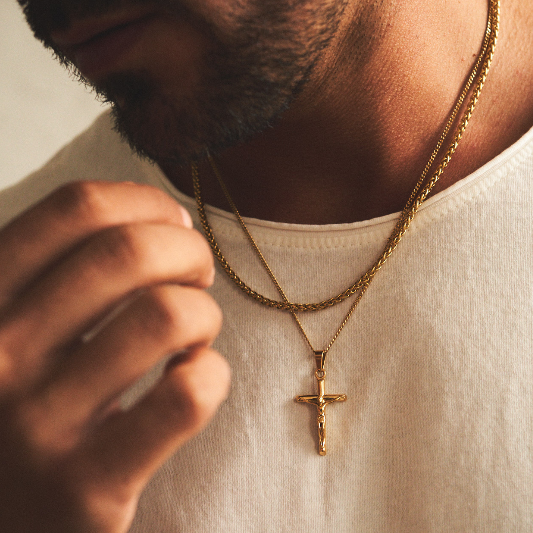 Gold Crucifix Pendant Set | Men | Stainless Steel | Religious Design | Necklace Set | Steven & Levon