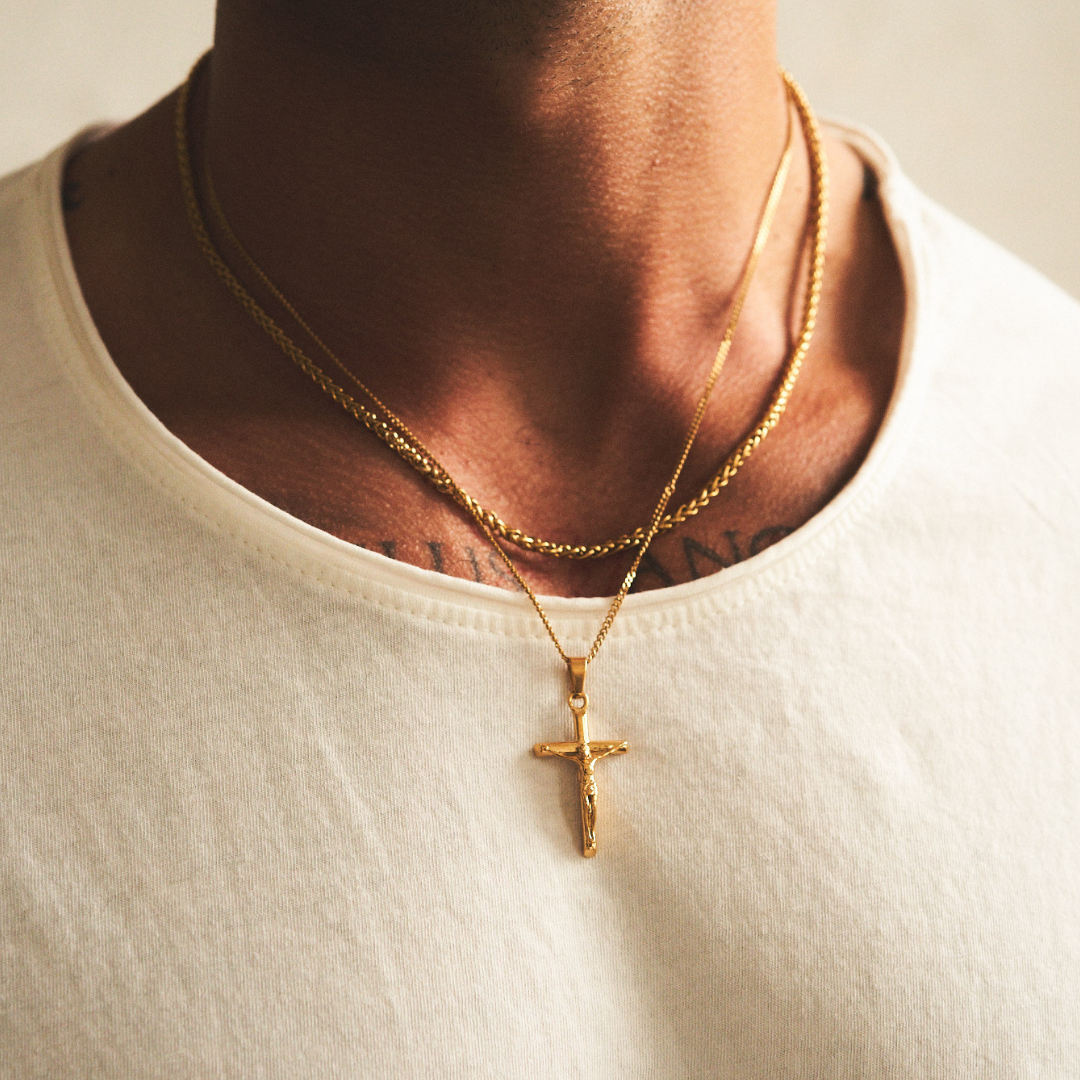 Gold Crucifix Pendant Set | Men | Stainless Steel | Religious Design | Necklace Set | Steven & Levon