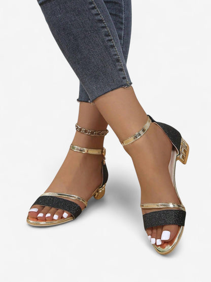 Elegant Glitter Ankle Strap Sandals | Women | Shimmer Synthetic | Low Block Heel Dress Shoes | Steven & Levon