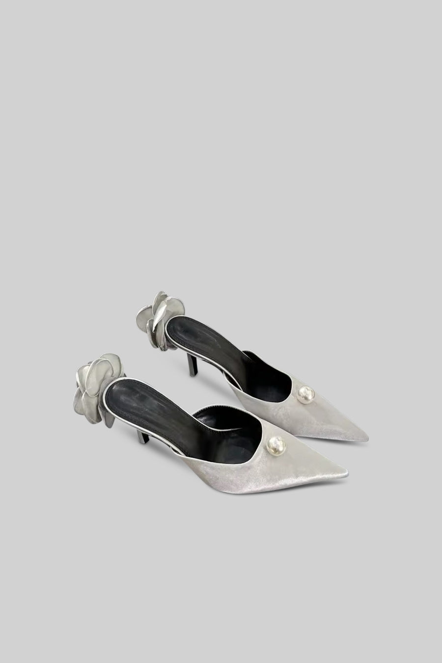 Satin Sandals | Women | Pearl & Flower Detail | Silver | Steven & Levon