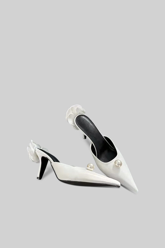 Satin Sandals | Women | Pearl & Flower Detail | White | Elegant Dress Shoes | Steven & Levon