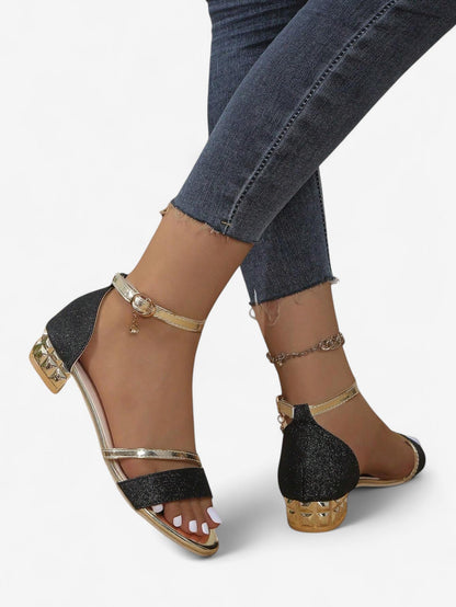 Elegant Glitter Ankle Strap Sandals | Women | Shimmer Synthetic | Low Block Heel Dress Shoes | Steven & Levon