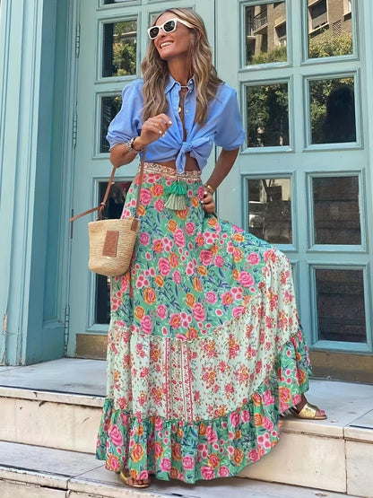Elegant Floral Maxi Skirt | Women | Elastic Waist | Flowy A-Line | Boho Everyday Skirt | Steven & Levon