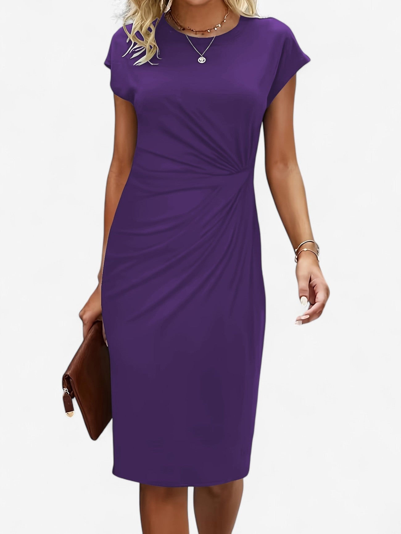 Women’s Ruched Wrap Bodycon Midi Dress | Women | Formal Occasion Dress | Cap Sleeve High Neck | Flattering Fit | Steven & Levon