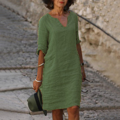 Aarnelle | Linen V Neck Dress | Women | Relaxed Fit | Lightweight Summer | Steven & Levon