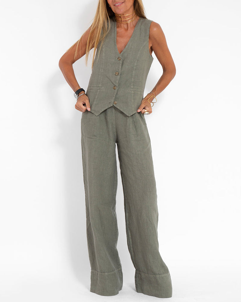 Linen 2-Piece Set | Women | Linen | Wide-Leg Trousers | Button Vest | Steven & Levon