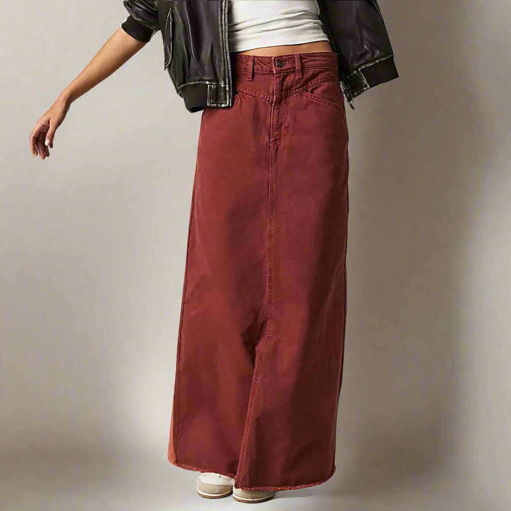 Women's High Waist Denim Maxi Skirt | Women | Straight Fit | Raw Hem | 5-Pocket Long Skirt | Steven & Levon