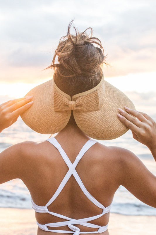 Foldable Wide Brim Bow Visor | Women's Sun Visor | Straw | UPF50+ UV Protection | Packable Summer Hat | Steven & Levon