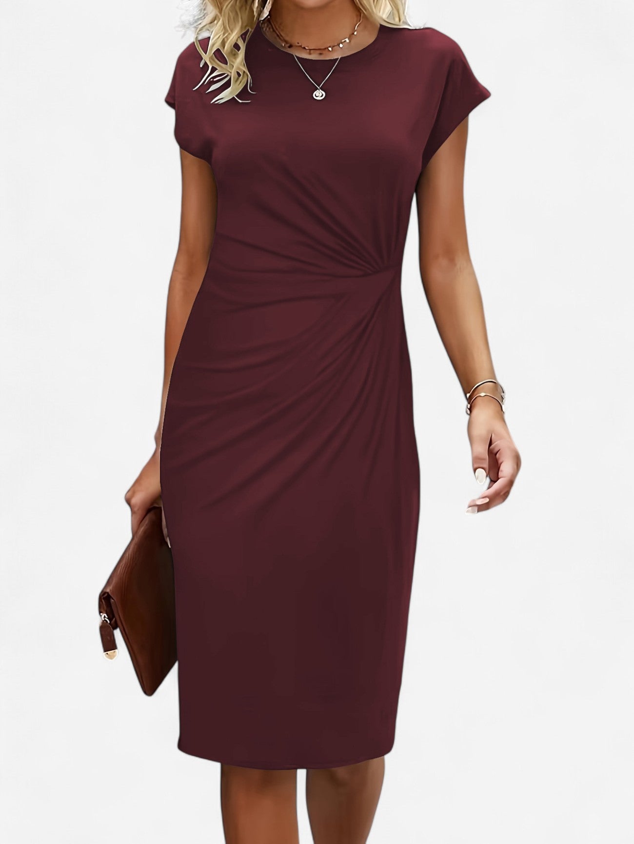 Women’s Ruched Wrap Bodycon Midi Dress | Women | Formal Occasion Dress | Cap Sleeve High Neck | Flattering Fit | Steven & Levon