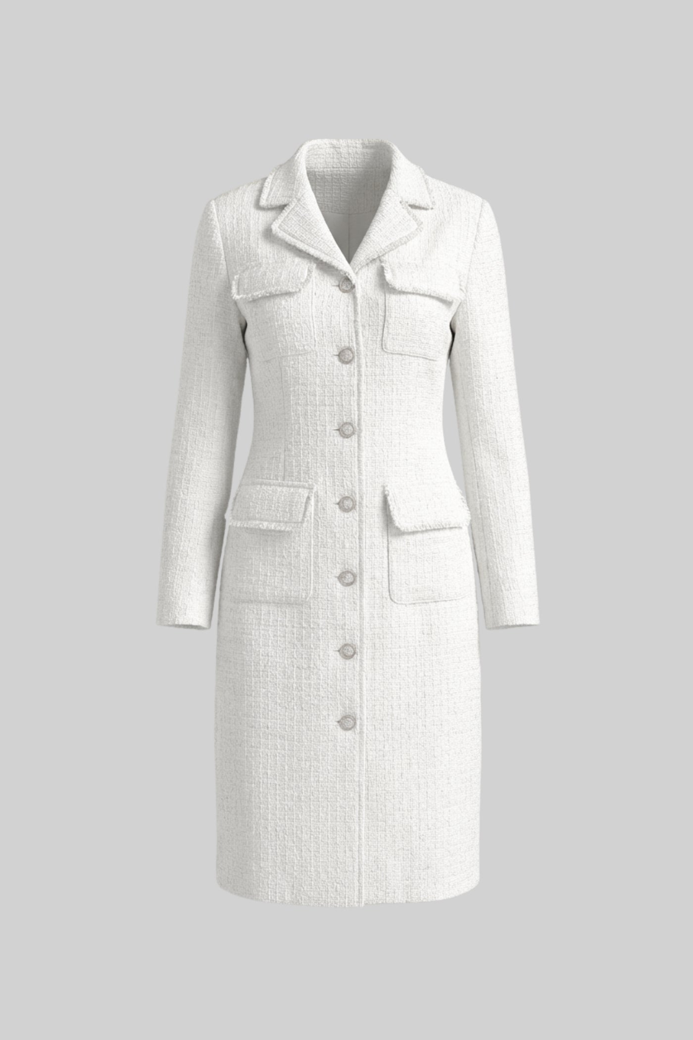 Women's Bouclé Midi Coat | Textured Bouclé | Notched Collar, Button-Through Front, White Outerwear | Steven & Levon