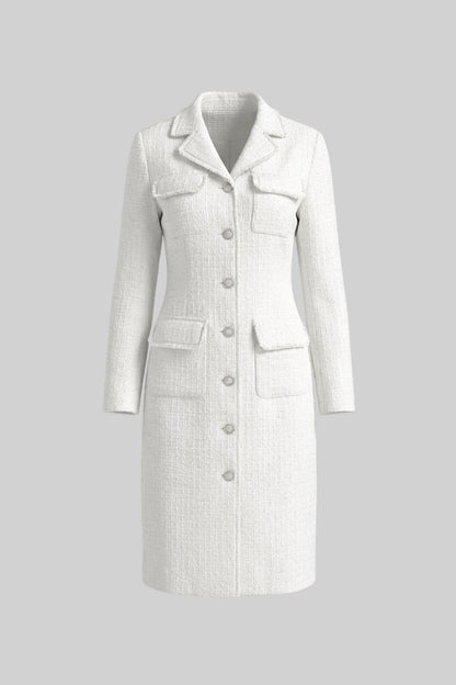 Women's Bouclé Midi Coat | Textured Bouclé | Notched Collar, Button-Through Front, White Outerwear | Steven & Levon