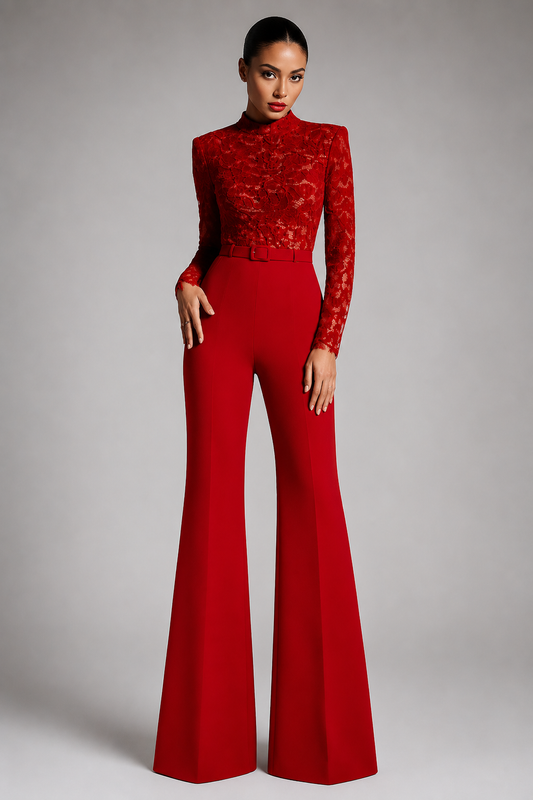 Embroidered Lace Jumpsuit | Women's Elegant Jumpsuit | Lace & Polyester Blend | Belted Waist | Flared Leg | Steven & Levon
