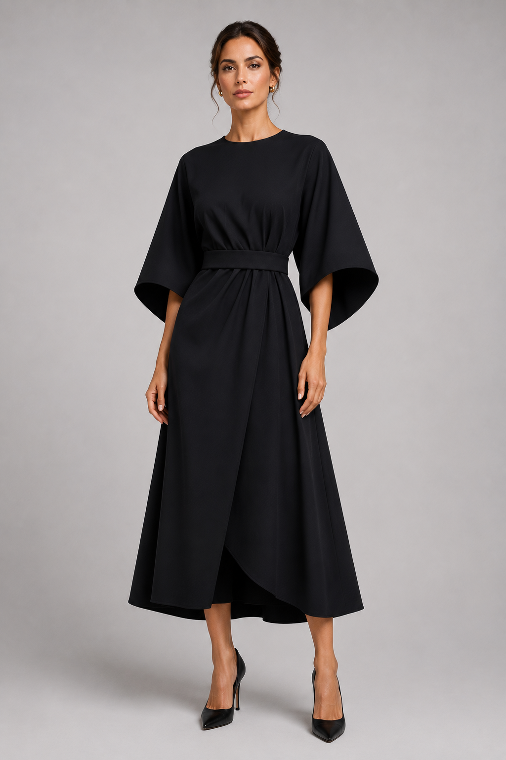 Elegant Belted Cape Sleeve Dress | Women’s Midi Occasion Dress | Steven & Levon