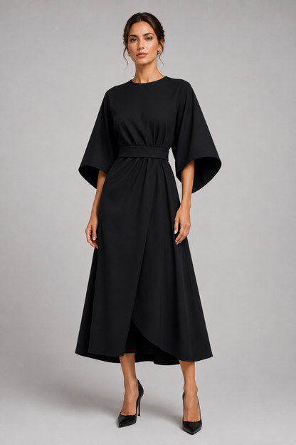 Elegant Belted Cape Sleeve Dress | Women’s Midi Occasion Dress | Steven & Levon