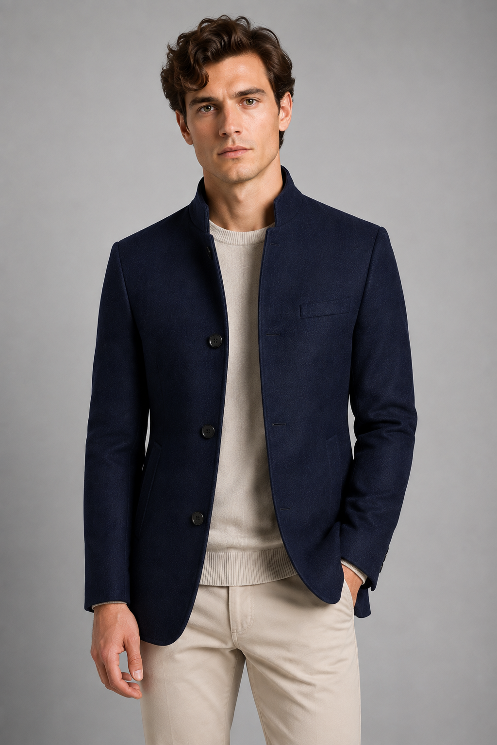Men's Mandarin Collar Blazer | Tailored Fit | Single Breasted | Smart Casual Jacket | Steven & Levon