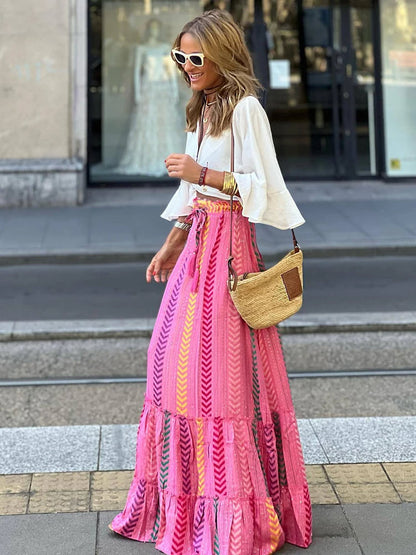 Elegant Floral Maxi Skirt | Women | Elastic Waist | Flowy A-Line | Boho Everyday Skirt | Steven & Levon
