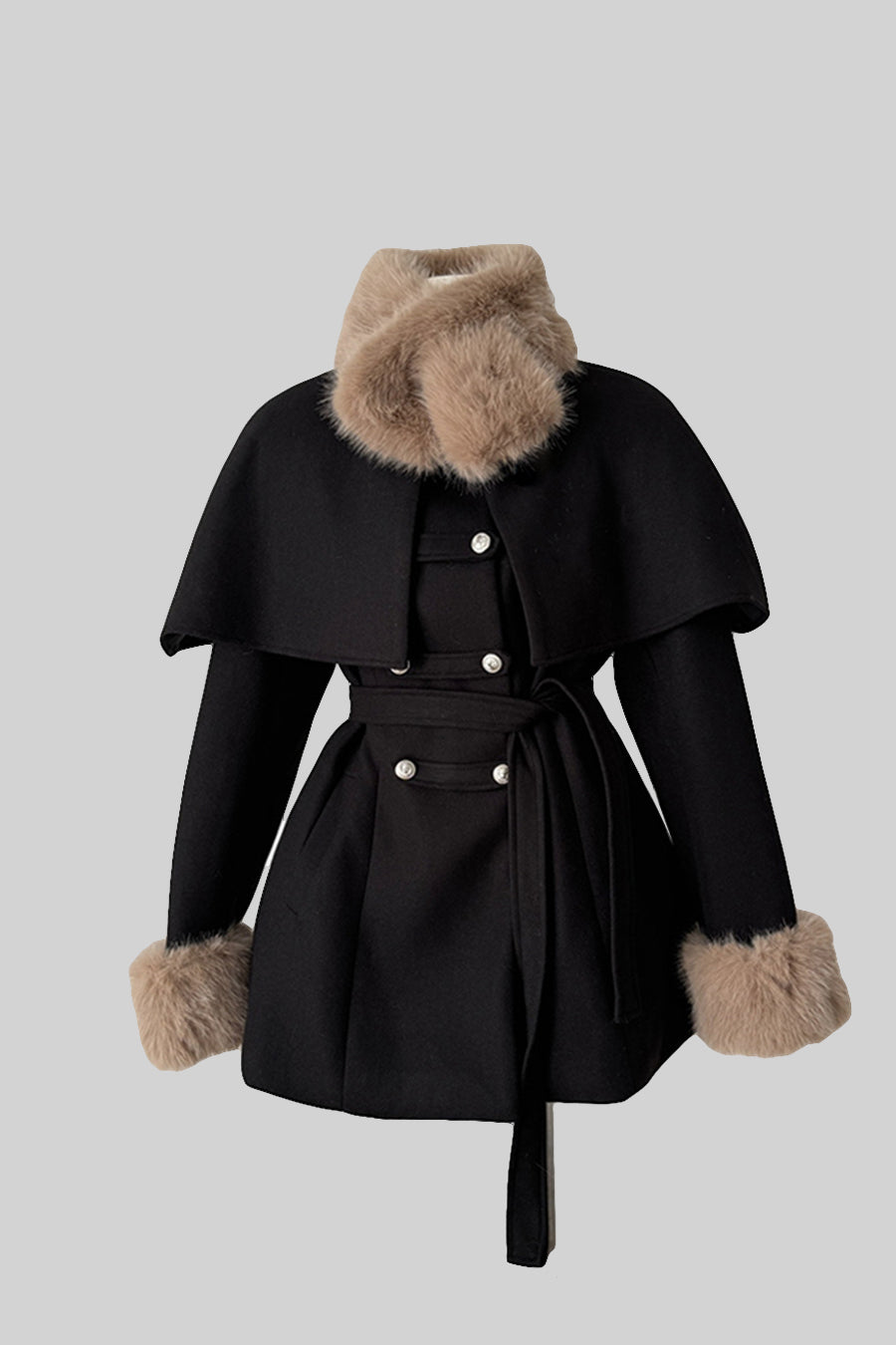 Double-Breasted Coat | Women's Wool Coat | Detachable Cape, Faux Fur Collar & Cuffs, Belted Black Overcoat | Steven & Levon
