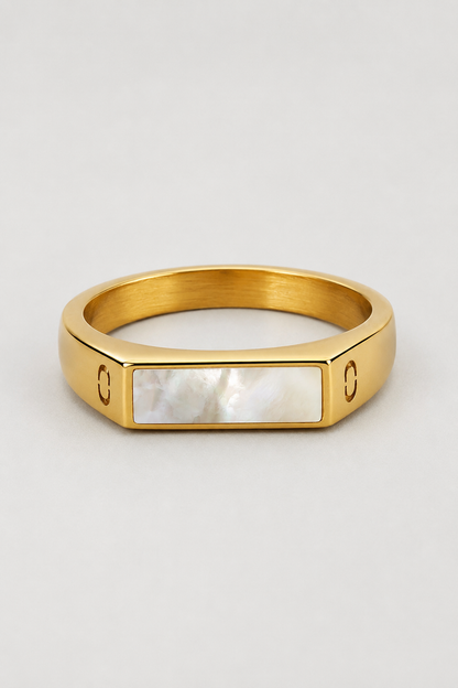 White Rectangle Signet Ring | Gold | Unisex | Stainless Steel | White Stone | Classic Style | Steven & Levon