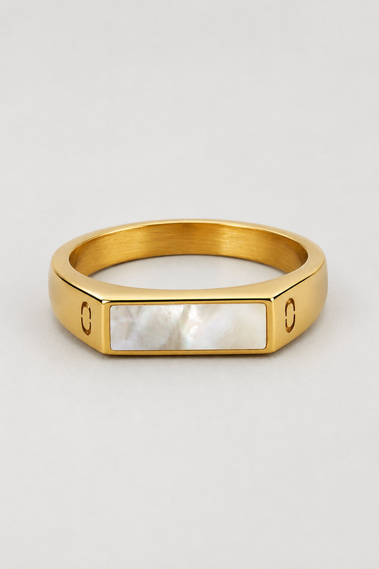 White Rectangle Signet Ring | Gold | Unisex | Stainless Steel | White Stone | Classic Style | Steven & Levon