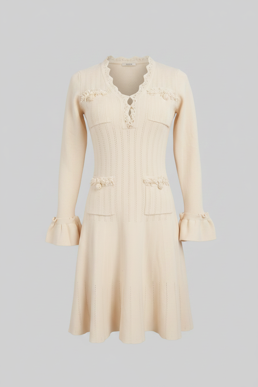 V-Neck Knit Midi Dress | Women's Long Sleeve Knit Dress | Ruffle Hem | Bow Cuffs | Ivory | Steven & Levon