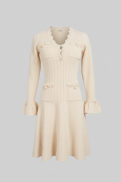 V-Neck Knit Midi Dress | Women's Long Sleeve Knit Dress | Ruffle Hem | Bow Cuffs | Ivory | Steven & Levon