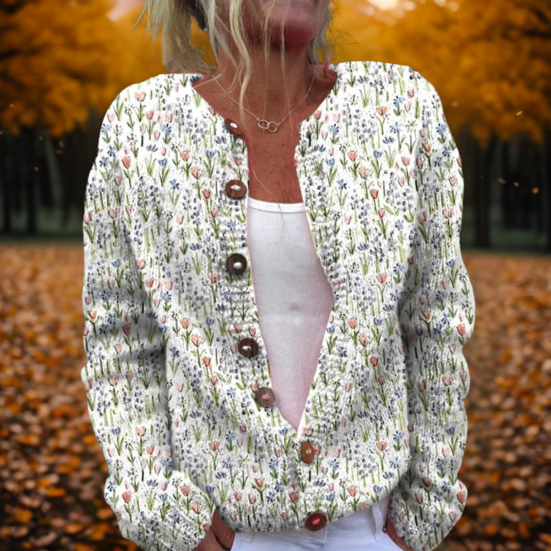 Spring Art Knit Cardigan | Women | Button Front | Soft Knit | Artistic Floral Style | Steven & Levon