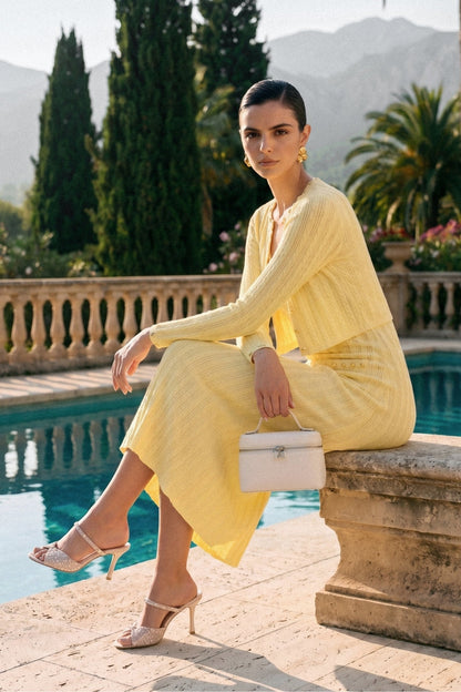 Ribbed Knit Dress & Cardigan Set | Women | Pearl Buttons | Yellow | Steven & Levon