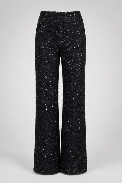 Wide Leg Tweed Trousers | Women | Sequin Detail | Black | High Waist Tailored Fit | Steven & Levon