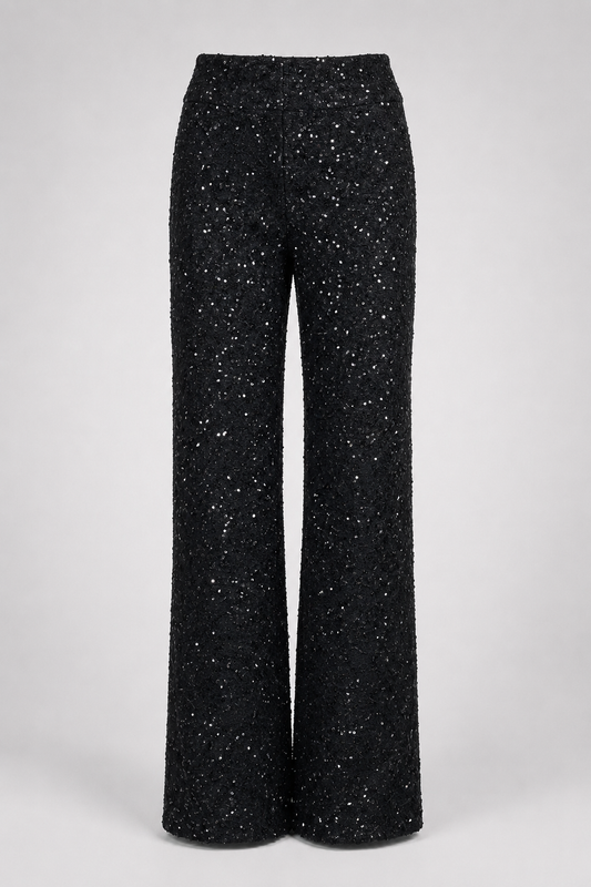 Wide Leg Tweed Trousers | Women | Sequin Detail | Black | High Waist Tailored Fit | Steven & Levon