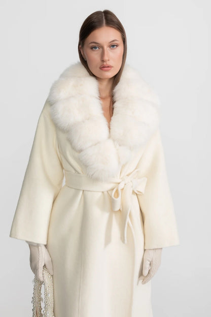 Women's Wool Wrap Coat | Fox Fur Collar | Tie Belt | Ivory Winter Coat | Steven & Levon