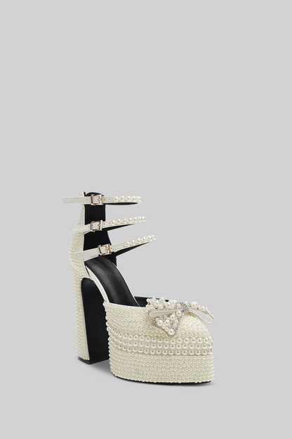 Pearl Embellished Platform Pumps | Women | Chunky Heel | White | Elegant Dress Shoes | Steven & Levon