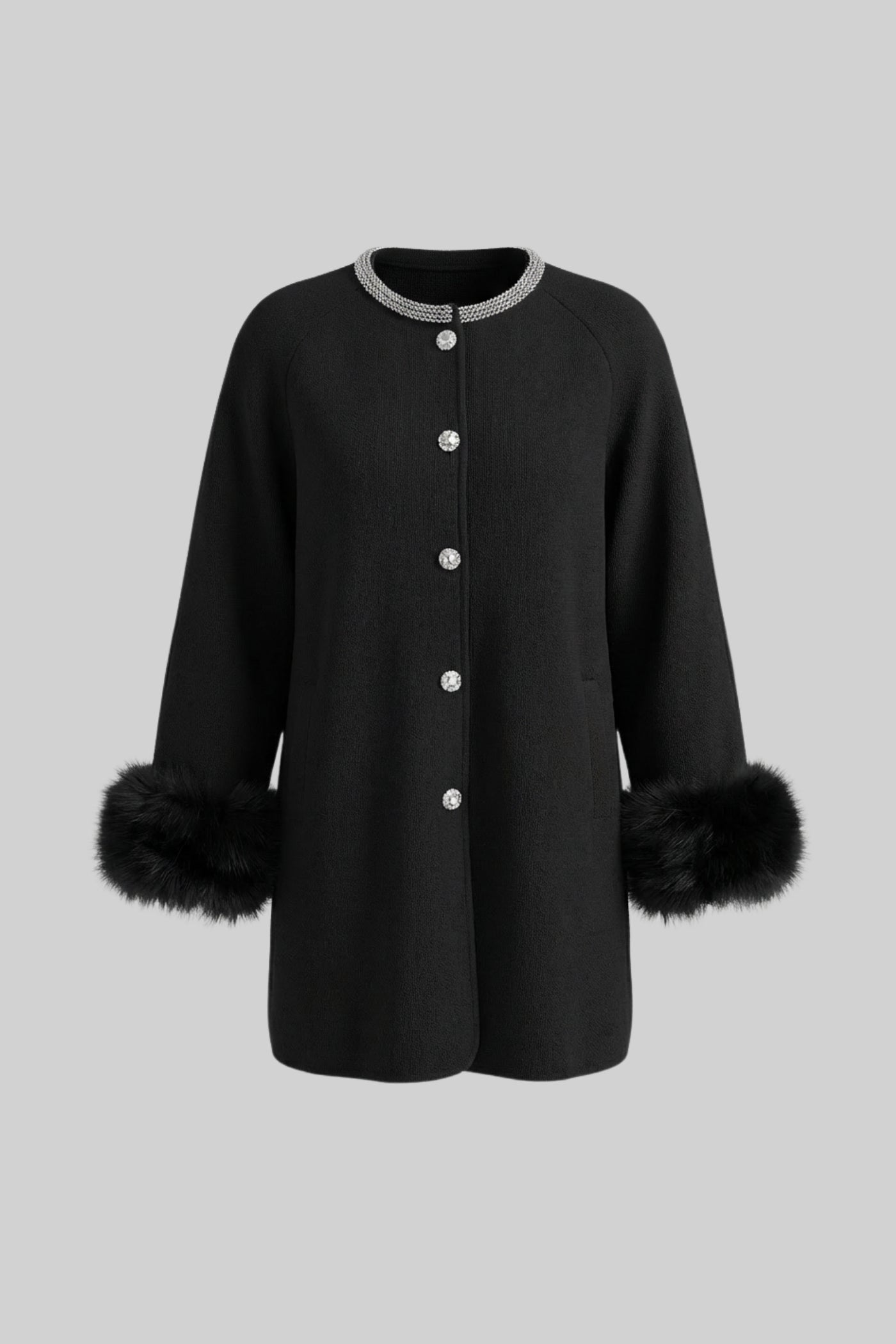Women's Longline Jacket | Pearl Neckline | Fox Fur Cuffs | Black Winter Coat | Steven & Levon