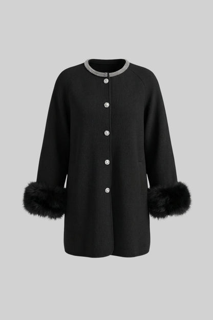 Women's Longline Jacket | Pearl Neckline | Fox Fur Cuffs | Black Winter Coat | Steven & Levon