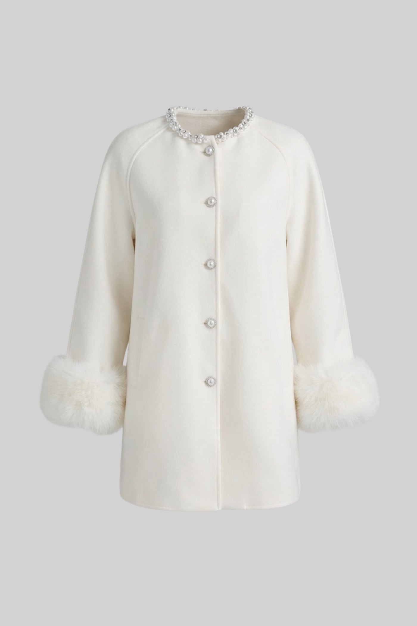 Women's Longline Jacket | Pearl Embellished Neckline | Fox Fur Cuffs | White Coat | Steven & Levon