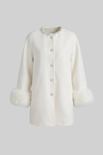 Women's Longline Jacket | Pearl Embellished Neckline | Fox Fur Cuffs | White Coat | Steven & Levon