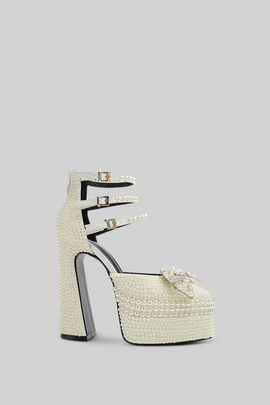Pearl Embellished Platform Pumps | Women | Chunky Heel | White | Elegant Dress Shoes | Steven & Levon