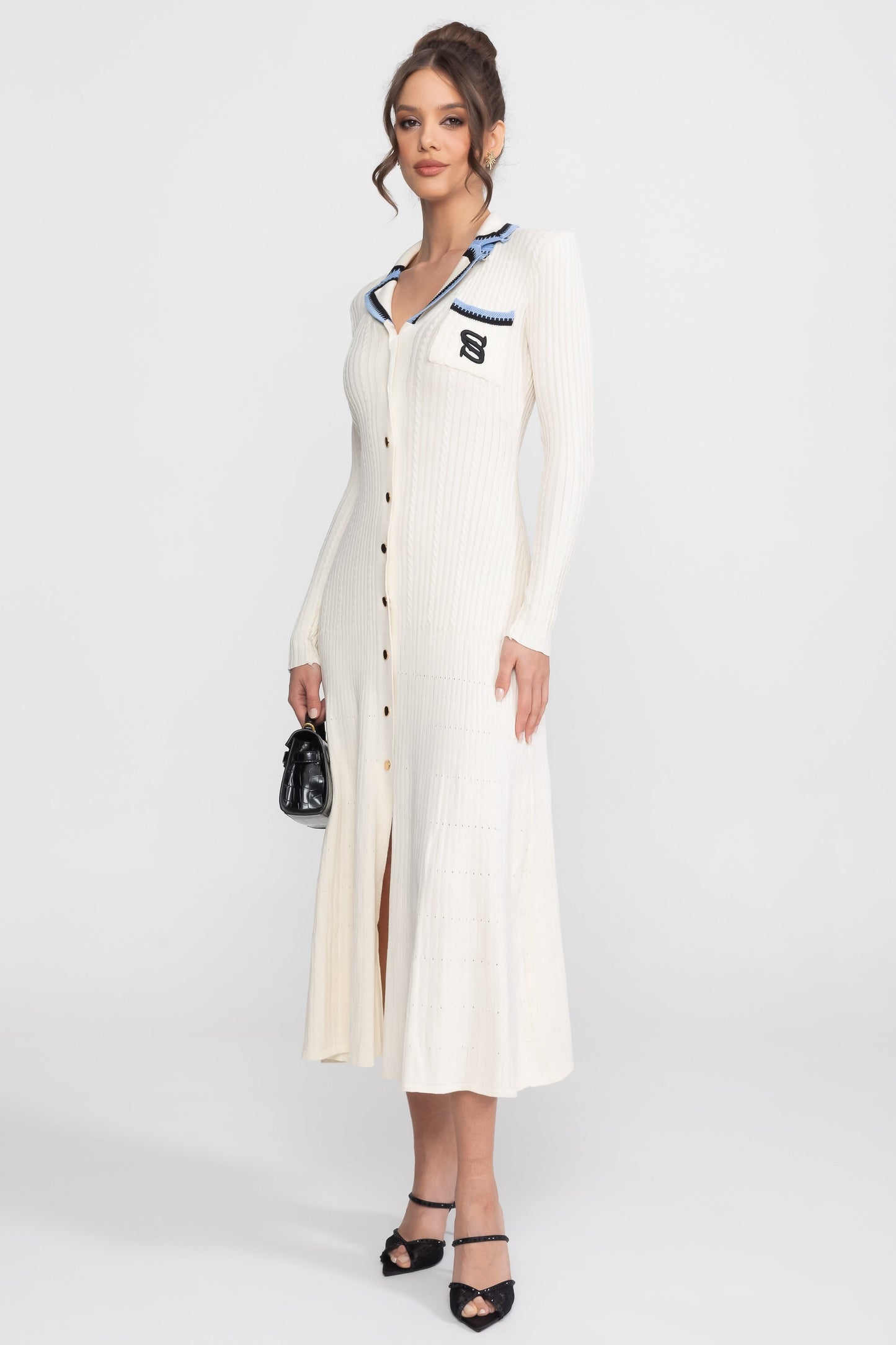 Polo Collar Knit Midi Dress | Women | Long Sleeve | Ivoire | Steven & Levon