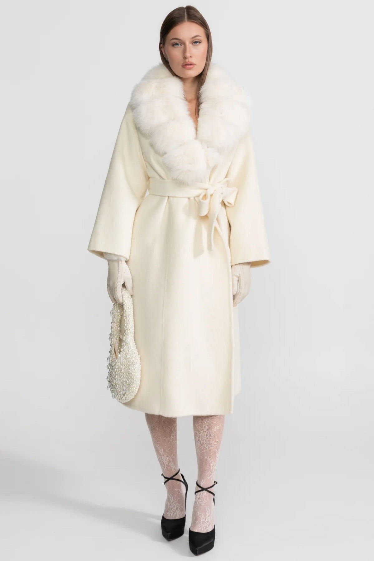 Women's Wool Wrap Coat | Fox Fur Collar | Tie Belt | Ivory Winter Coat | Steven & Levon