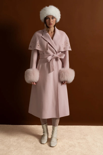 Wool Coat | Women | Fox Fur Cuffs | Cape Overlay | Embellished | Pink | Steven & Levon`