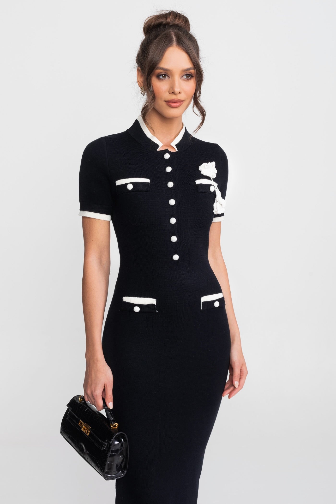 Ribbed Knit Midi Dress | Women | Contrast Trim | Decorative Pockets | Bodycon | Black | Steven & Levon
