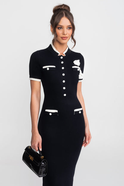 Ribbed Knit Midi Dress | Women | Contrast Trim | Decorative Pockets | Bodycon | Black | Steven & Levon