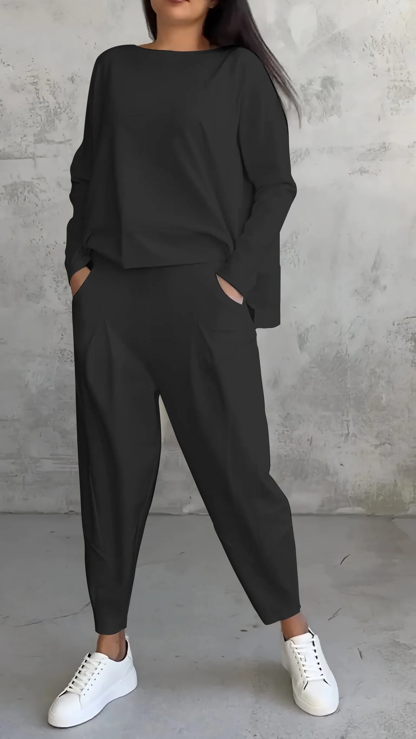 Women's Two-Piece Casual Set | Round Neck Top & Tapered Trousers | Relaxed Fit | Steven & Levon2-piece women's autumn casual set – Liora
