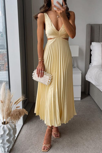 Women's Pleated V-Neck Midi Dress | Elegant Occasion Dress | Steven & Levon