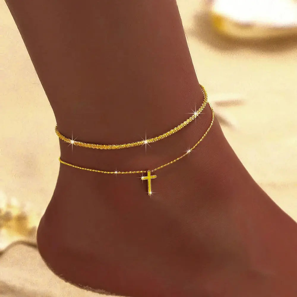 Double Anklet | Women | Silver & Gold Tone | Layered Chain Design | Adjustable Ankle Bracelet | Steven & Levon