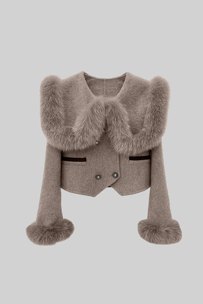 Women's Double Breasted Cropped Jacket | Fox Fur Collar | Brown Wool Blend Coat | Steven & Levon