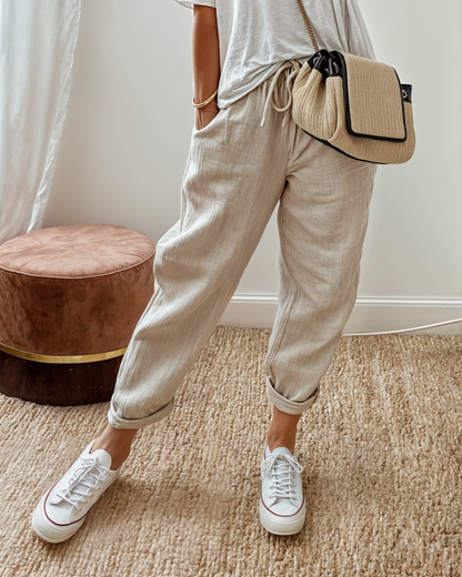 Women's Linen Wide-Leg Trousers | Relaxed Fit Elastic Waist Casual Pants | Breathable Everyday Wear | Steven & Levon