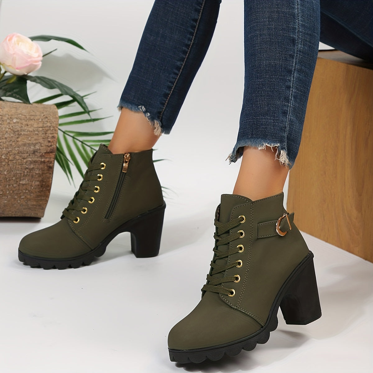 Block Heel Lace-Up Ankle Boots for Women | Side Zip | Combat Style | Steven & Levon