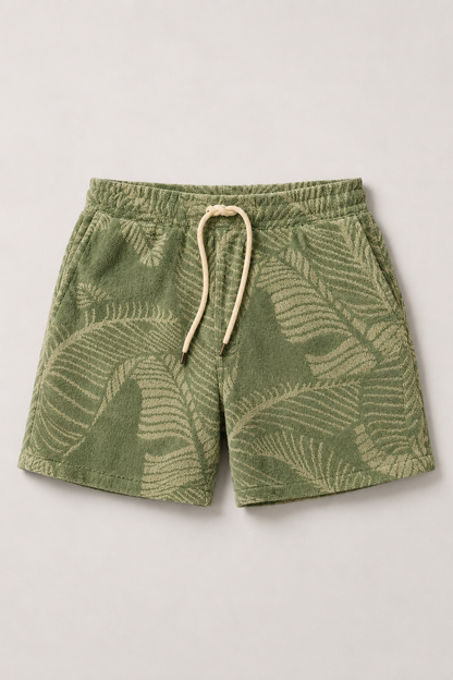 Men’s Textured Drawstring Shorts | Cotton Blend | Leaf Pattern Relaxed Fit Casual Shorts | Steven & Levon