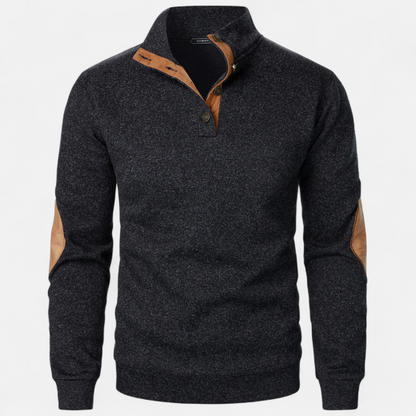 Men's Knitted Jumper | Stand Collar Half Button Pullover | Elbow Patch Sweater | Steven & Levon